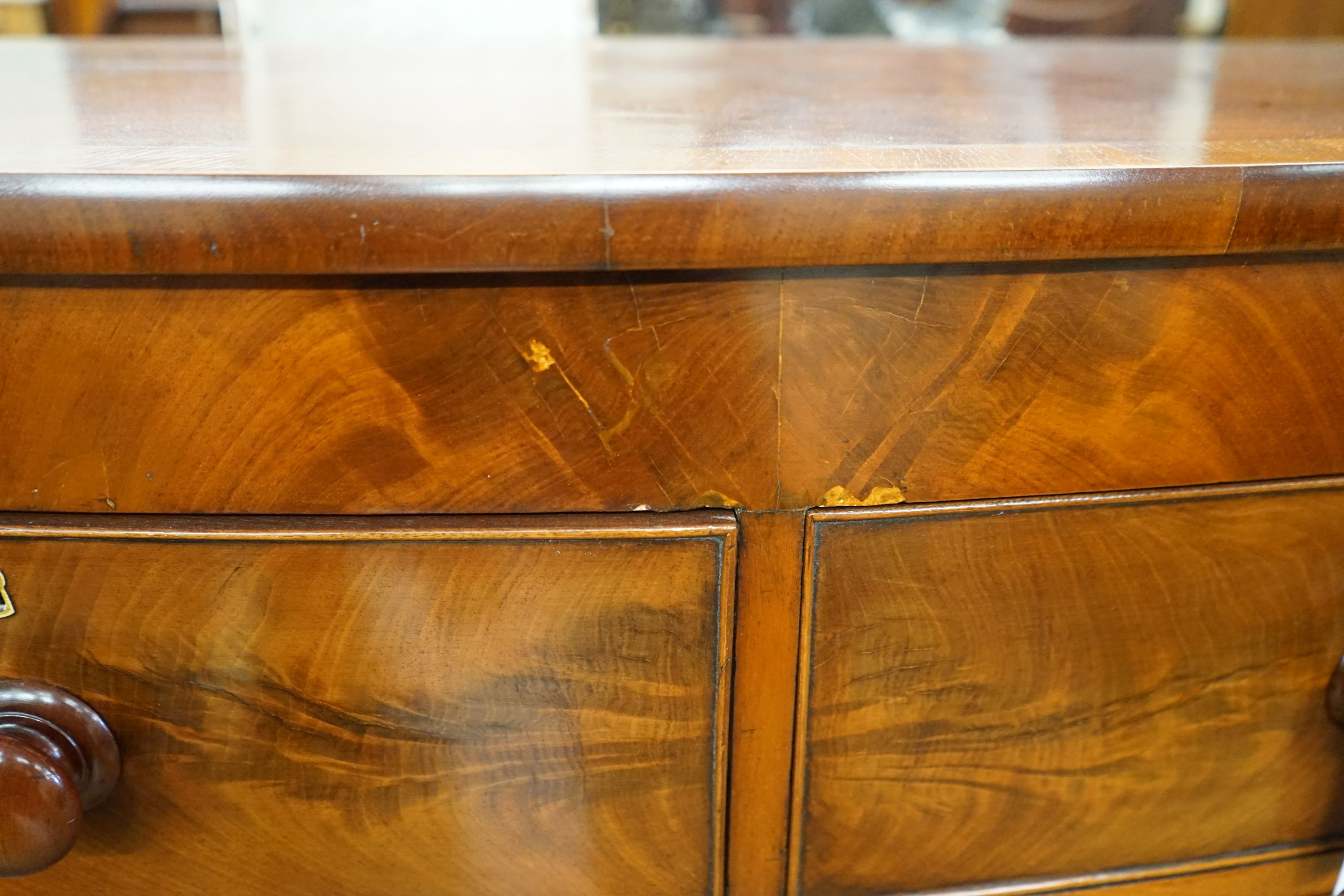 A large Victorian mahogany bowfront chest of drawers, width 109cm, depth 58cm, height 125cm